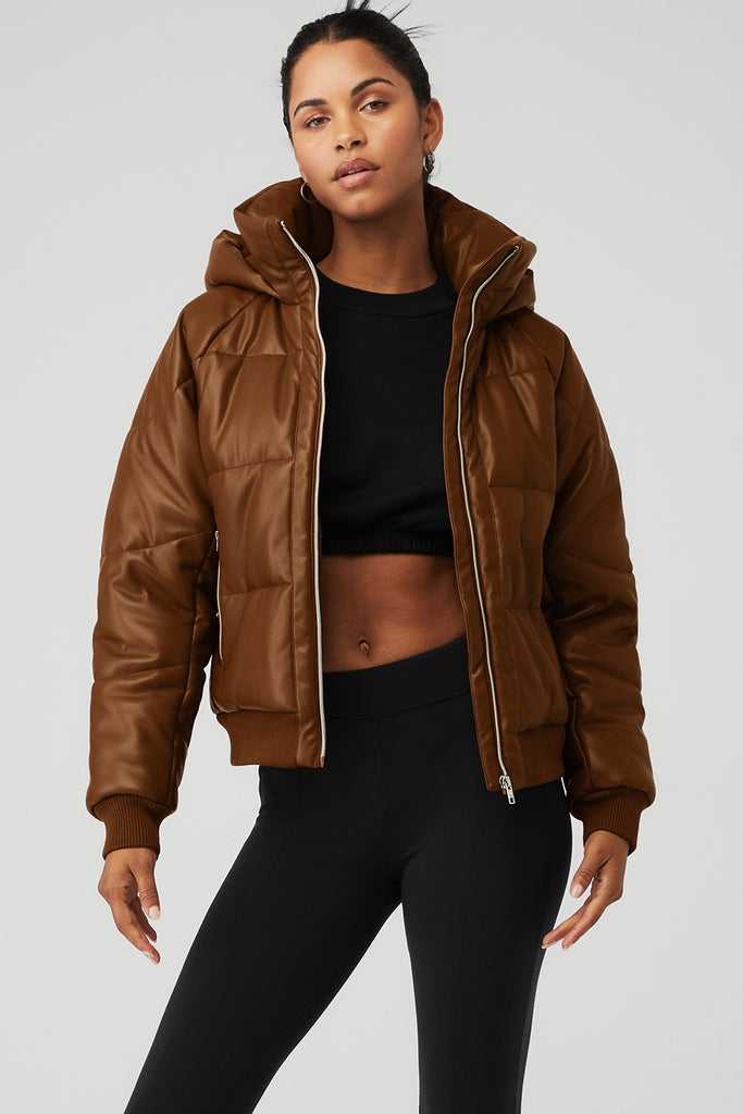 Bunda Puffer Alo Yoga Faux Læder Boss Puffer Hnědé | PJITFGA-37