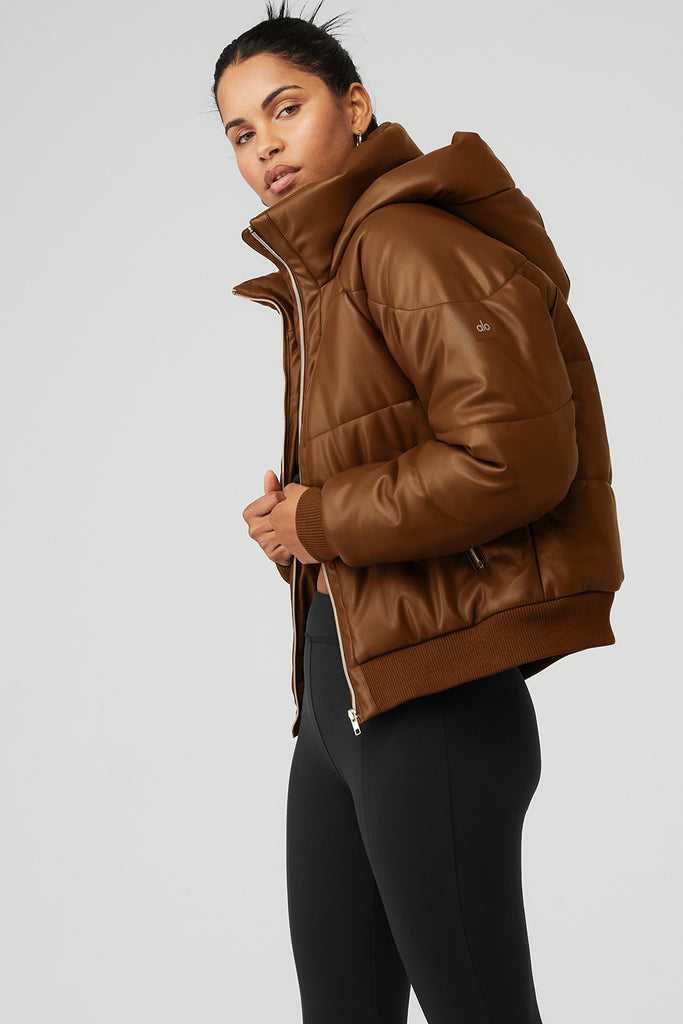Bunda Puffer Alo Yoga Faux Læder Boss Puffer Hnědé | PJITFGA-37