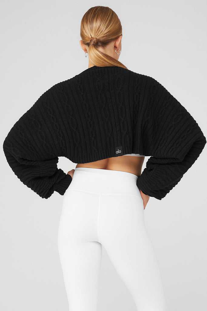 Kardigan Alo Yoga Cable Knit Shawl Černé | OAKXVLF-04