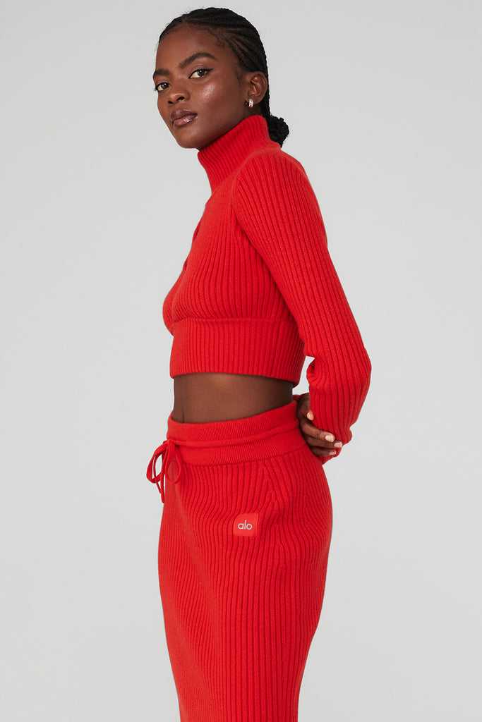 Long Sleeve Alo Yoga Cashmere Žebrovaný Zimní Dream Cropped Turtleneck Červené | GEHUBXI-05