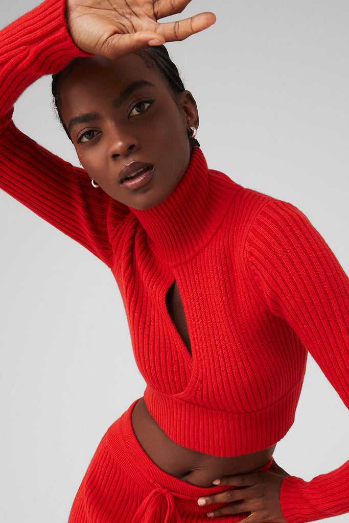 Long Sleeve Alo Yoga Cashmere Žebrovaný Zimní Dream Cropped Turtleneck Červené | GEHUBXI-05