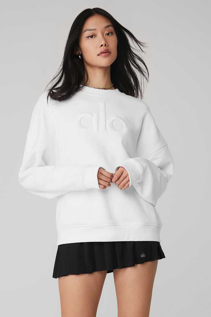 Long Sleeve Alo Yoga Renown Heavy Weight Emblem Crew Neck Bílé | VZIWEHL-92