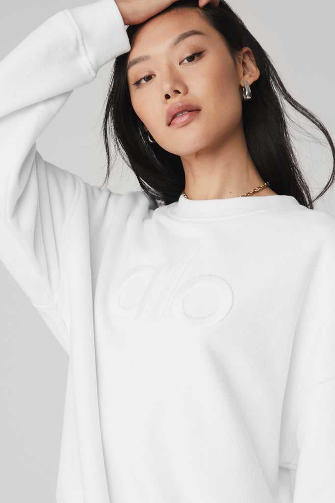 Long Sleeve Alo Yoga Renown Heavy Weight Emblem Crew Neck Bílé | VZIWEHL-92