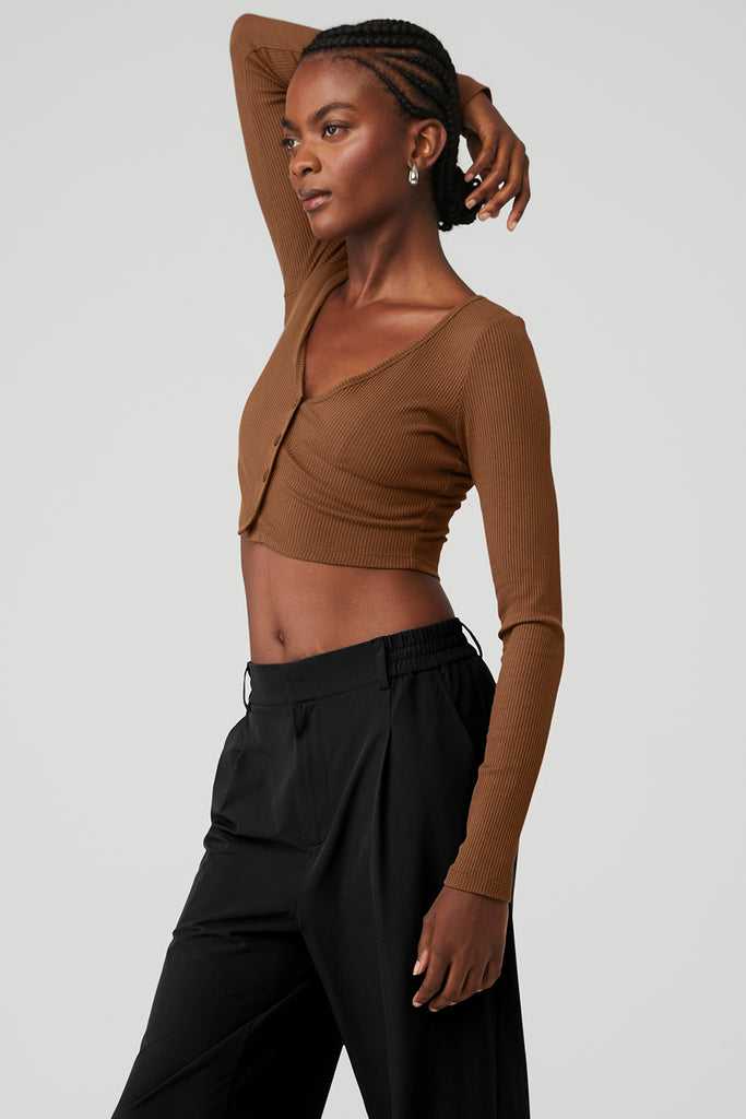 Long Sleeve Alo Yoga Žebrovaný Cropped Whisper Hnědé | WJMVYIG-56