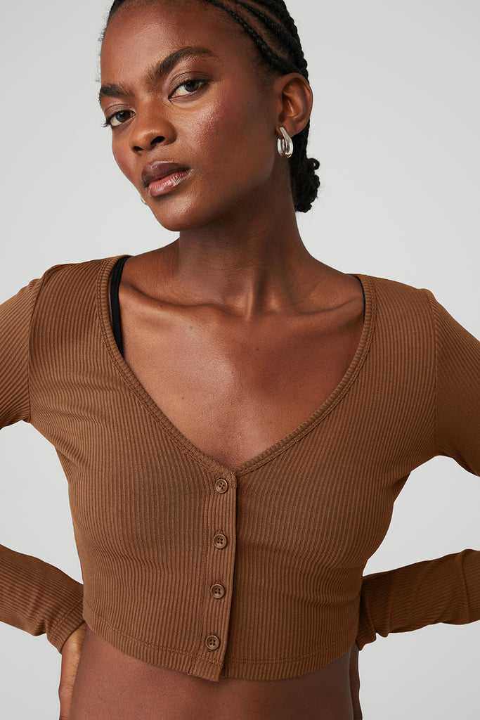Long Sleeve Alo Yoga Žebrovaný Cropped Whisper Hnědé | WJMVYIG-56