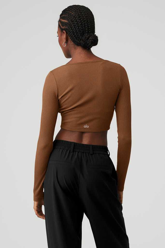 Long Sleeve Alo Yoga Žebrovaný Cropped Whisper Hnědé | WJMVYIG-56