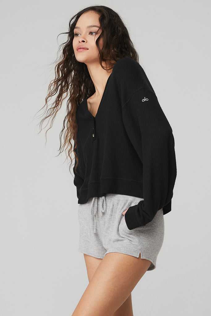 Mikiny Alo Yoga Alolux Soho Crop Henley Černé | OHYJNLS-08