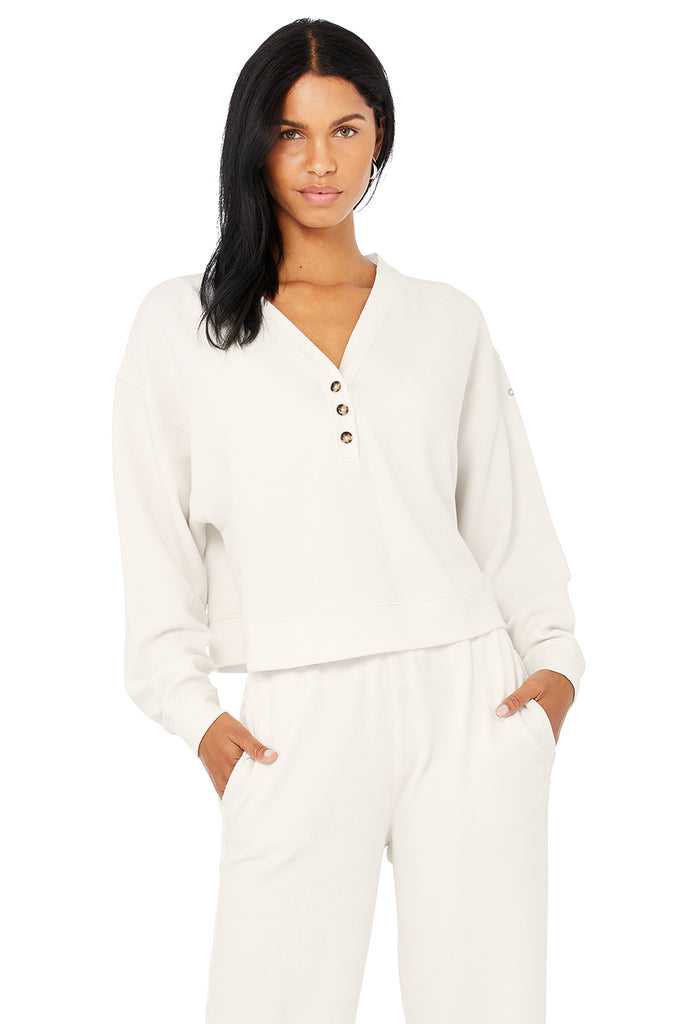 Mikiny Alo Yoga Micro Waffle Pleasant Cropped Henley Bílé | VDFUORQ-05