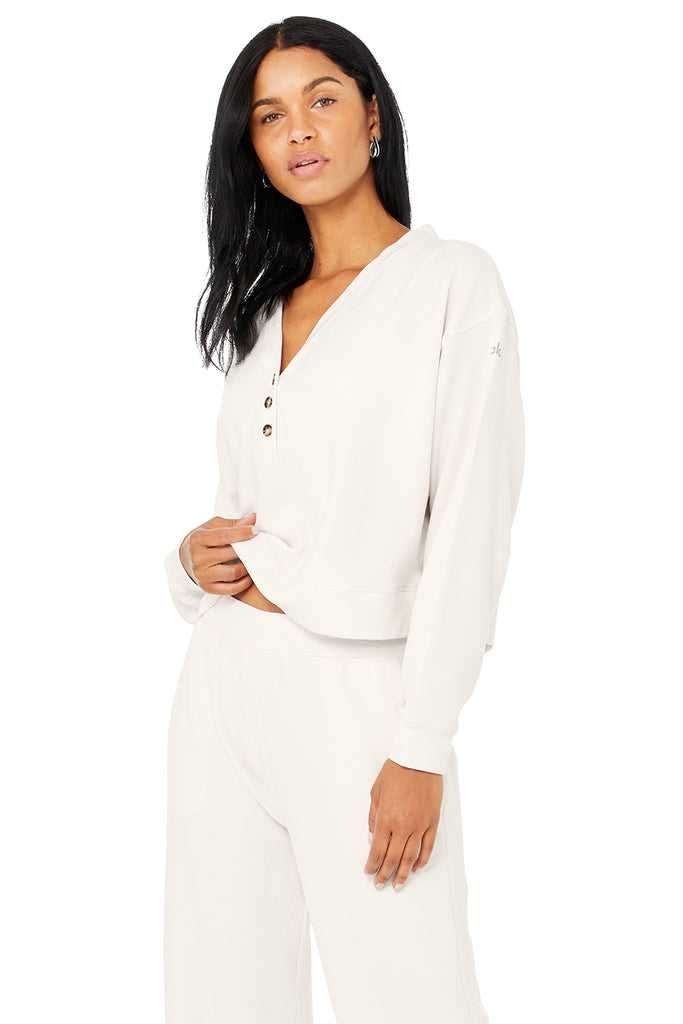 Mikiny Alo Yoga Micro Waffle Pleasant Cropped Henley Bílé | VDFUORQ-05