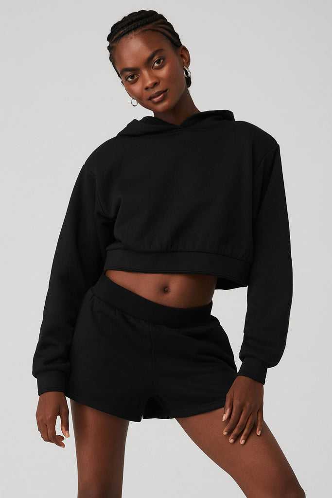 Mikiny S Kapucí Alo Yoga Cropped Headliner Shoulder Pad Černé | WUOEYPT-65