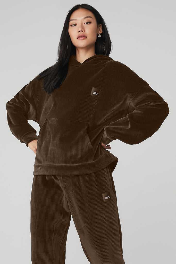 Mikiny S Kapucí Alo Yoga Velour Baller Káva | DUNTKEO-14