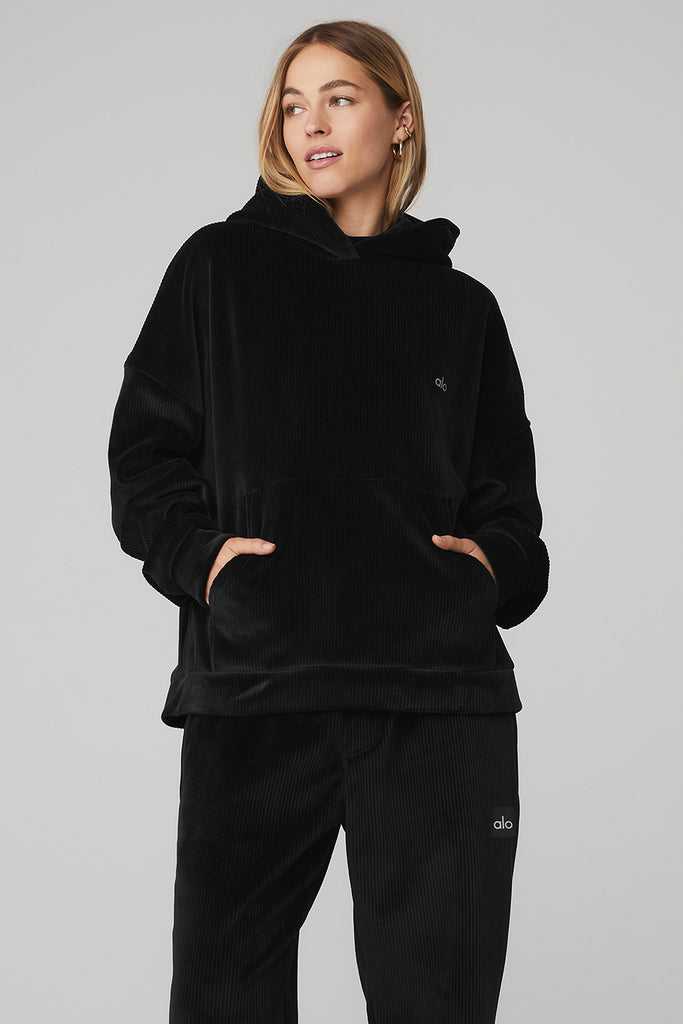 Mikiny S Kapucí Alo Yoga Velour Baller Černé | ECDRPXG-26