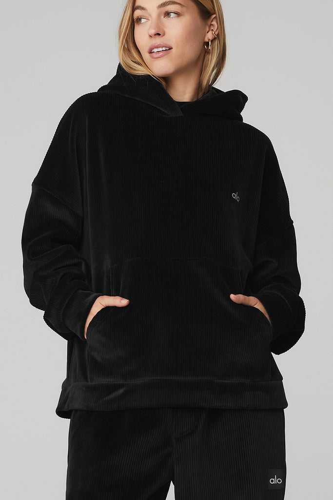 Mikiny S Kapucí Alo Yoga Velour Baller Černé | ECDRPXG-26