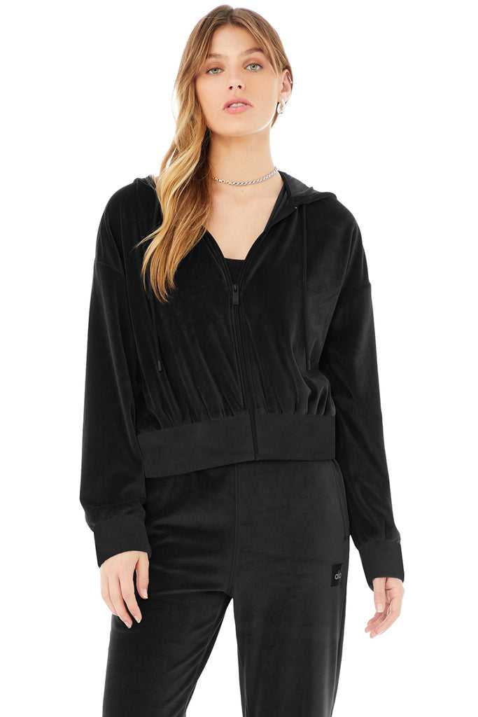 Mikiny S Kapucí Alo Yoga Velour Glimmer Full Zip Černé | GRBIKZW-04