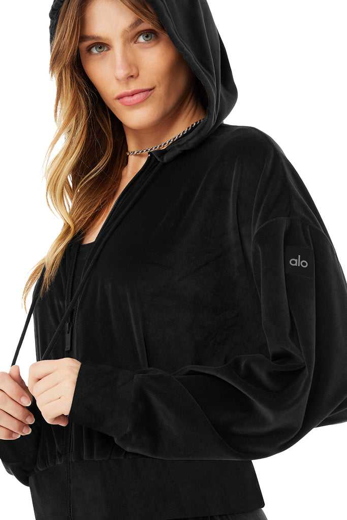 Mikiny S Kapucí Alo Yoga Velour Glimmer Full Zip Černé | GRBIKZW-04