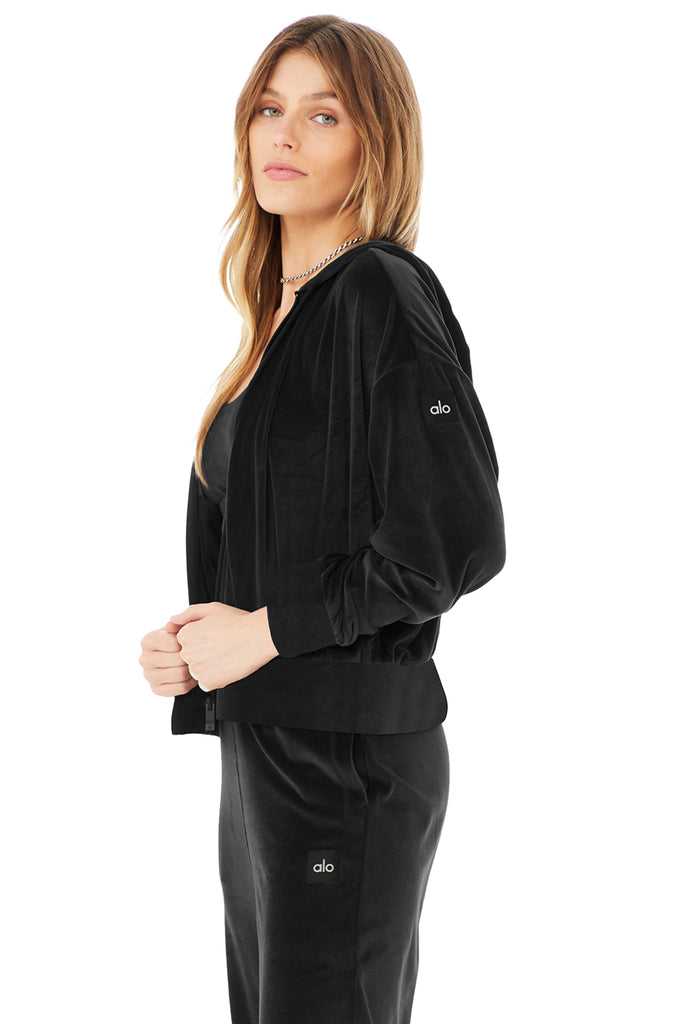 Mikiny S Kapucí Alo Yoga Velour Glimmer Full Zip Černé | GRBIKZW-04