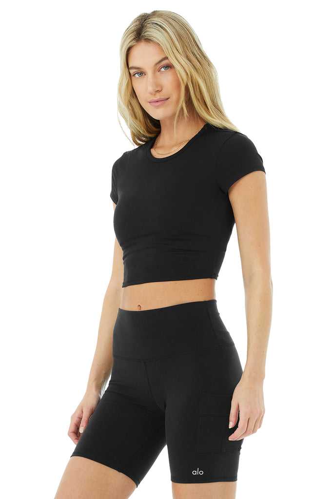 Short Sleeve Alo Yoga Alosoft Crop Finesse Černé | FPTOZXH-57