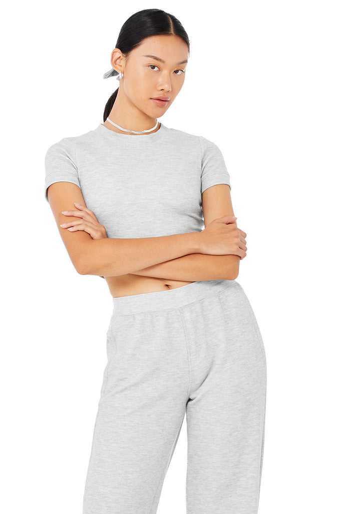 Short Sleeve Alo Yoga Micro Waffle Sierra Šedé | HFKXDQE-83