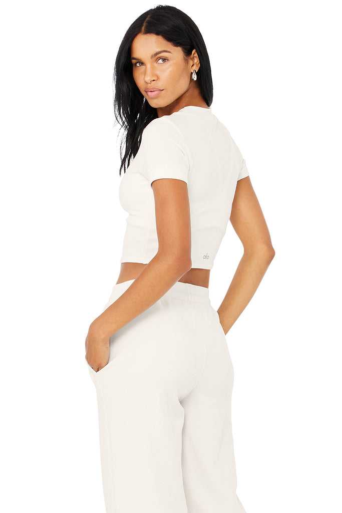 Short Sleeve Alo Yoga Micro Waffle Sierra Bílé | NTDSRUW-97