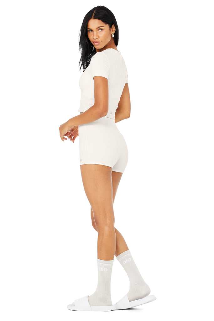 Short Sleeve Alo Yoga Micro Waffle Sierra Bílé | NTDSRUW-97
