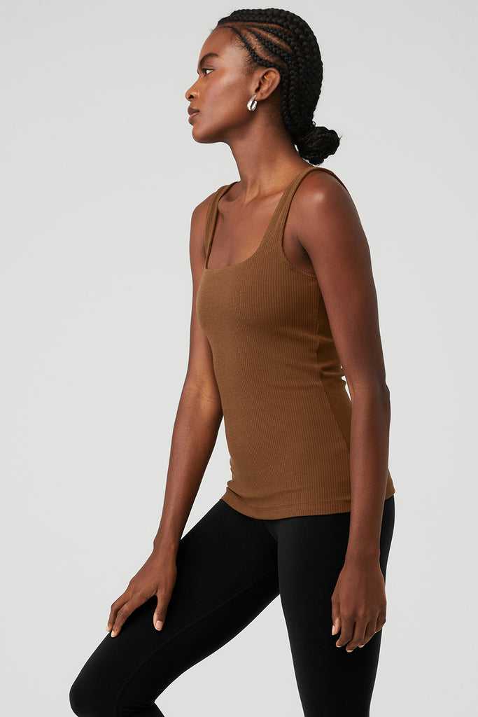 Tílko Alo Yoga Žebrovaný Minimalist Hnědé | BEOSYFP-97